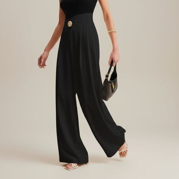 Black Gold Button Detail – High-Waist Wide-Leg Pants – Size XL (12) - Picture 7 of 8